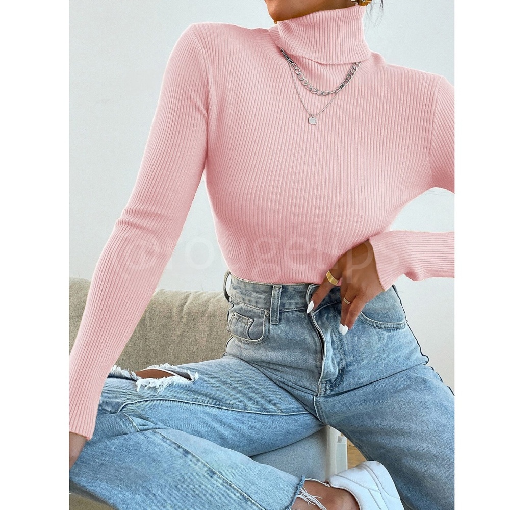 Lilac Purple Sweater Top Rib-Knit High Neck, Turtleneck  Long Sleeve